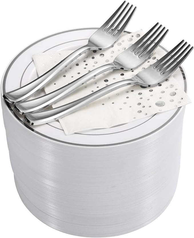 Stylish 7.5 Inch Silver Cake Plates with Disposable Forks and Cocktail Napkins (100 Set) - Small Appetizer Plates - Silver Plastic Dessert Plates - Plastic Cake Plates for Wedding Reception