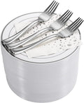 Stylish 7.5 Inch Silver Cake Plates with Disposable Forks and Cocktail Napkins (100 Set) - Small Appetizer Plates - Silver Plastic Dessert Plates - Plastic Cake Plates for Wedding Reception