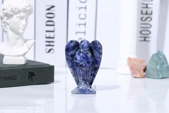 2" Crystal Angel Decor Blue Solidate Healing Polished Gift Stone Sculpture Statue Hand Carved Cute Figurines Gemstone Reiki Home Room Office Desk Decoration Guardian Angels Gifts for Women Men