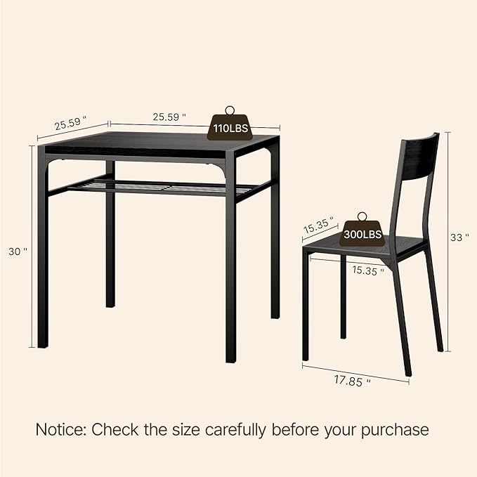 Gizoon Dining Table Set for 2, 3 Piece Kitchen Table with 2 Chairs for Small Space, Apartment, Kitchen, Dining Room, Space-Saving