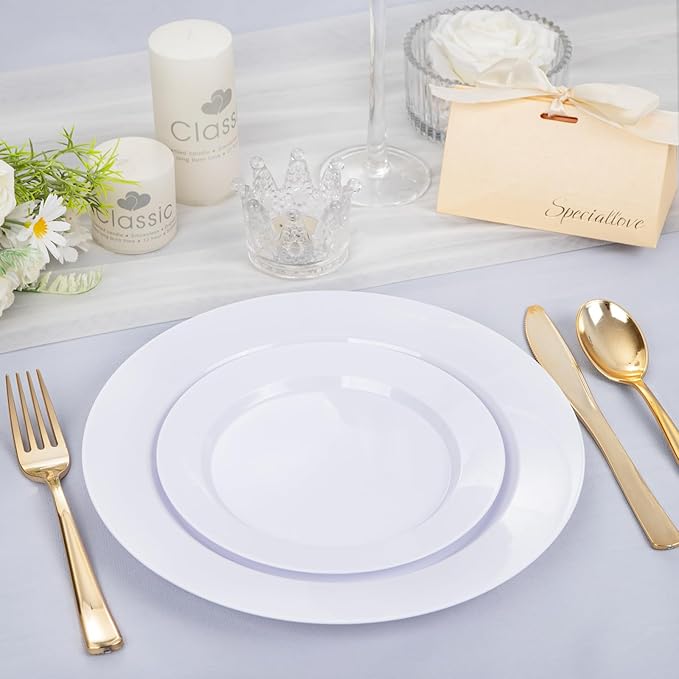FLOWERCAT 200PCS White Plastic Plates Disposable Plates for Party - Heavy Duty Plastic Plates - 100 10" Dinner Plates and 100 7" Salad Plates for Wedding & New Year Parties and Events