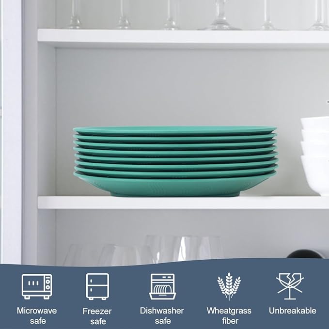 Flat Dinner Plates Set of 8 Alternative for Plastic Plates Microwave and Dishwasher Safe Wheat Straw Plates for Kitchen Unbreakable Kids Plates(Green,9 inch)