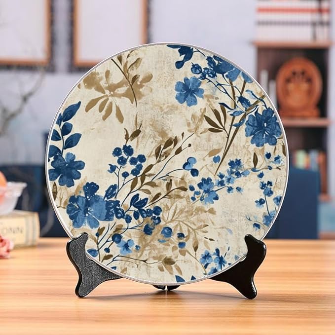 Sophisticated Floral Bursts Decorative Ceramic Plates 10 Inch with Display Stand Perfect for Home Decor and Wall Hanging DP-385014448