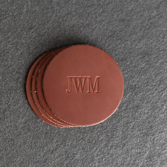 Ox & Pine Personalized Leather Coaster - Sold Individually or in Sets of 4 - Customize Inscription - 100% Full-Grain Leather – 4" Round or 4" Square (Round, Stone Natural, Set of 4 Coasters)