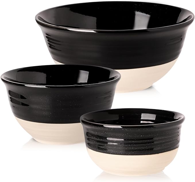 HASENSE Porcelain Mixing Bowls for Kitchen, 84/40/20 Oz Large Salad Serving Bowls Set of 3, Unique Thanksgiving Bowls Set for Entertaining Cooking Baking Serving Food, Nesting Bowls, Black
