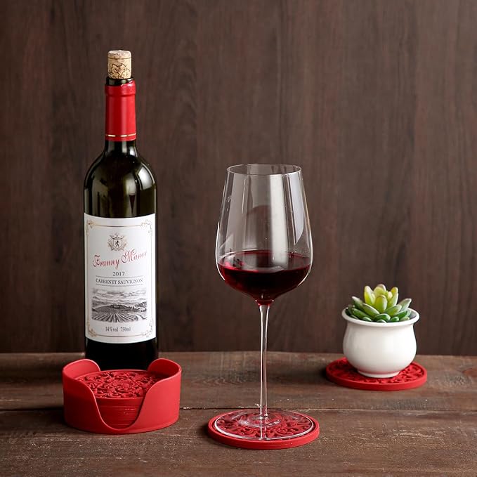 Colinda Silicone Coasters - Set of 6 with Holder, Non-Slip Cup Mats for Hot and Cold Drinks, Decorative Designs, Gift Ready Packaging,Fuschia