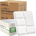5 Compartment Compostable Heavy Duty Disposable Paper Plates, 150 Count | 10.2" X 8.3" | Natural Bagasse, White Biodegradable Eco-Friendly School Lunch, Buffet, Party Sugarcane Tray