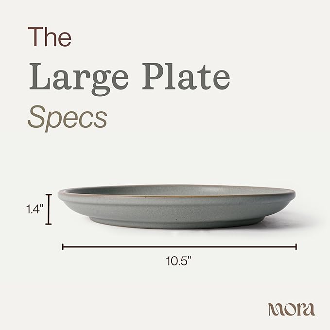 MORA Large Plates Set of 4, 10.5 inch Ceramic Pottery Dinner Plates - Microwave, Oven and Dishwasher Safe - Peppercorn