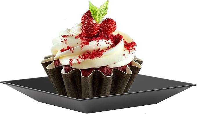 Exquisite Mini Disposable Appetizer Plates - 100 Pack 2.95" x 2.95" Black Plastic Dessert Plates - Elegant Design for Weddings, Birthdays, and Formal Parties - Stackable and Convenient - BPA Free