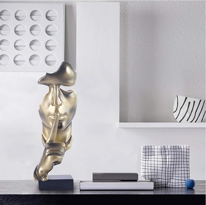 aboxoo Thinker Statue, Silence is Gold Abstract Art Figurine,Modern Home Resin Sculptures Decorative Objects,Table Top Decor for Livingroom Home Decor,Office Study Sculpture,Shh mask Statue(Gold)