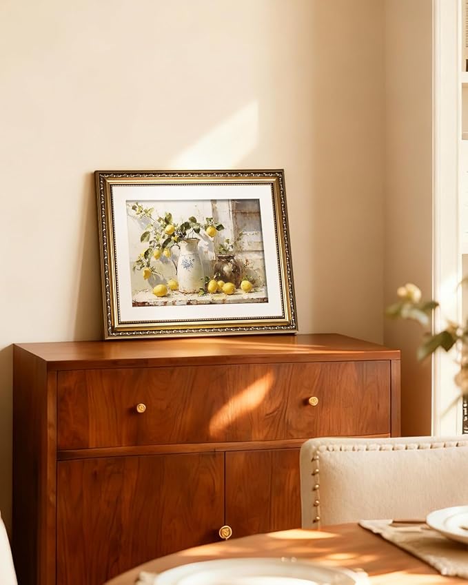 InSimSea Gold Framed Wall Art, Yellow Lemon Vintage Kitchen Wall Shelf Decor, Still Life Canvas Print Art, Dining Room Home Farmhouse Decor, Antique Paintings with Picture Frame 13x16inch