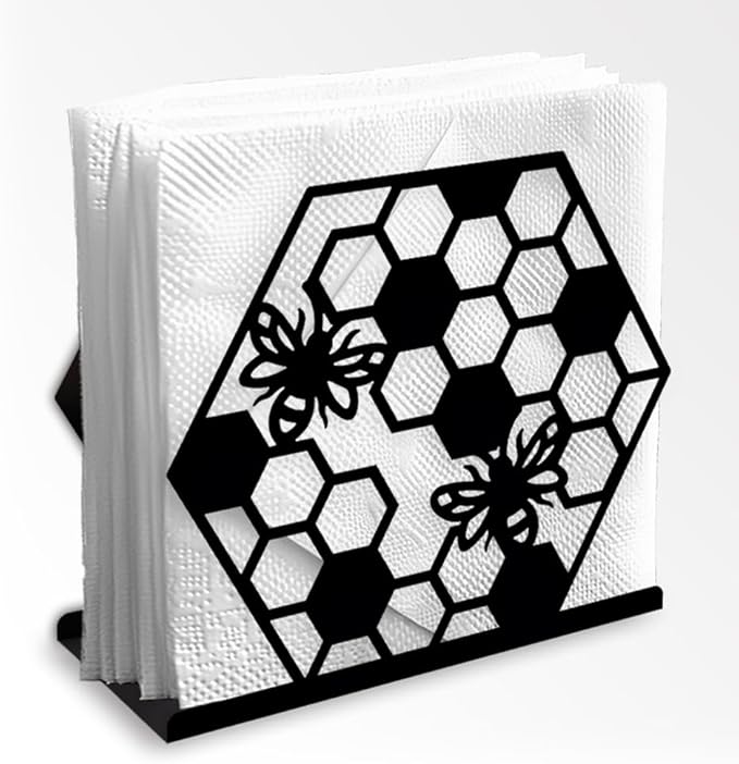 Honeycomb Bee Decorative Black Metal Napkin Holder for Table, 5.3" x 4.7" x 2" Insect Animal Standing Napkin Holder for Home Kitchen Restaurant Picnic Party Coffee Bar Dining Room