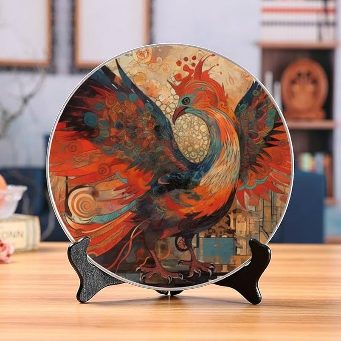 Fire Phoenix Ceramic Display Plate 10-inch Round, Home Decor with Stand & Hook DP-20989909