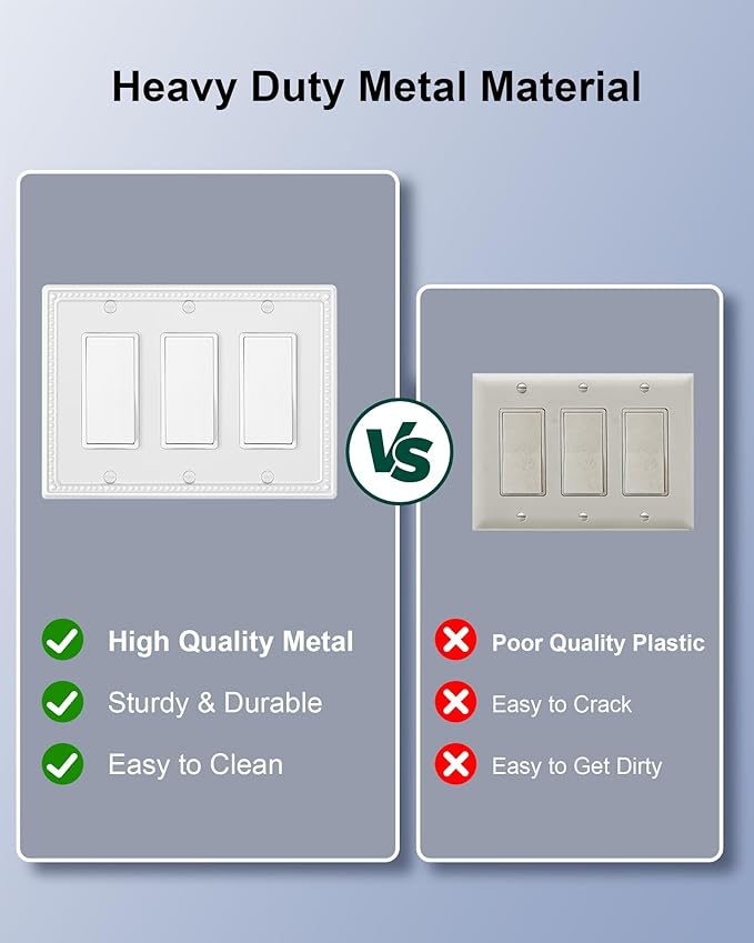 2-Pack Triple Decorator Outlet Cover Plate, Pure White Pearls Decorative Switch Plates and Outlet Covers, Metal Wall Plates for Electrical Outlets
