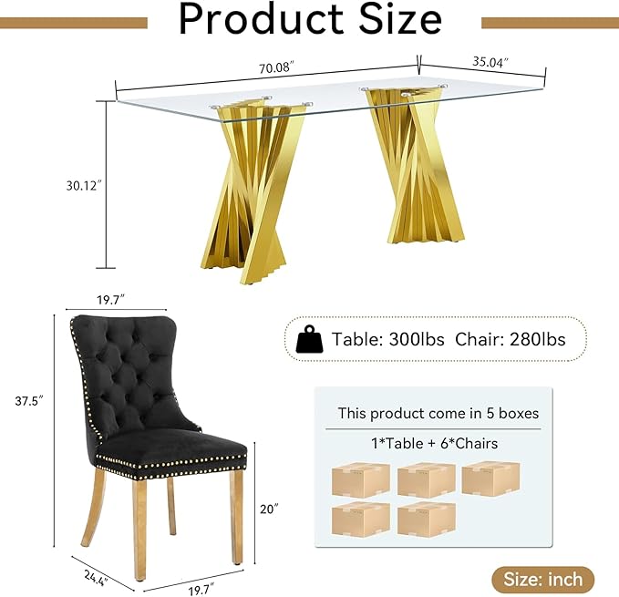 7 Piece Glass Dining Table Set,70" Dinner Room Glass Table Set for 6,Modern Kitchen Dinner Table Set with Stainless Steel Base and 6 Upholstered Velvet Dining Chairs for Living Dining Room