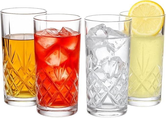 Crystal-Style Highball Glasses, Clear Cut Glass, 12.3 oz Capacity, Diamond Pattern, Cocktail Drinking Tumblers, Set of 4