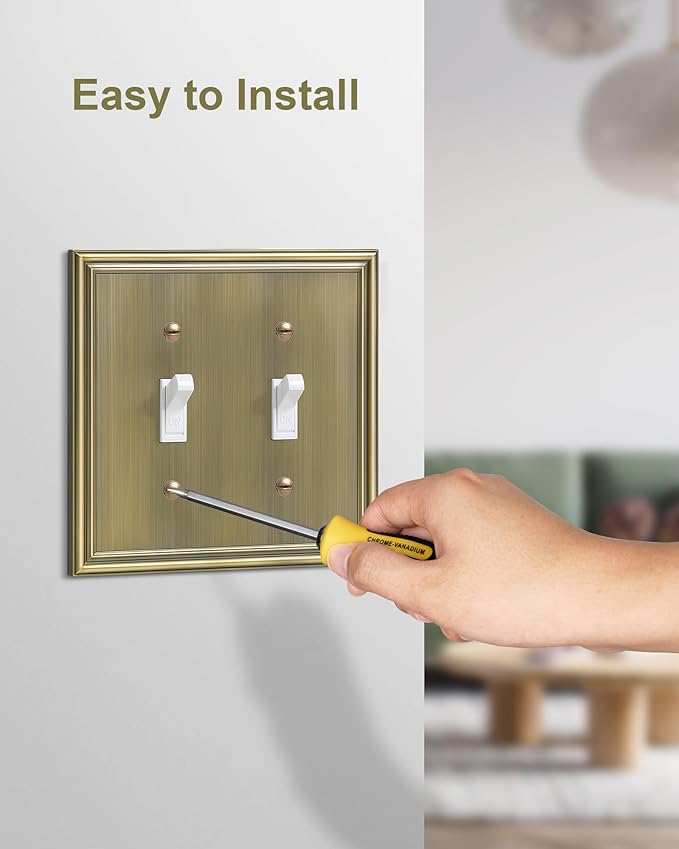 2-Pack Double Toggle Light Switch Cover Plate, Durable Solid Zinc Alloy Decorative Dual Switch Plate Covers, Antique Brass 2 Gang Wall Plate, Corrosion Resistant