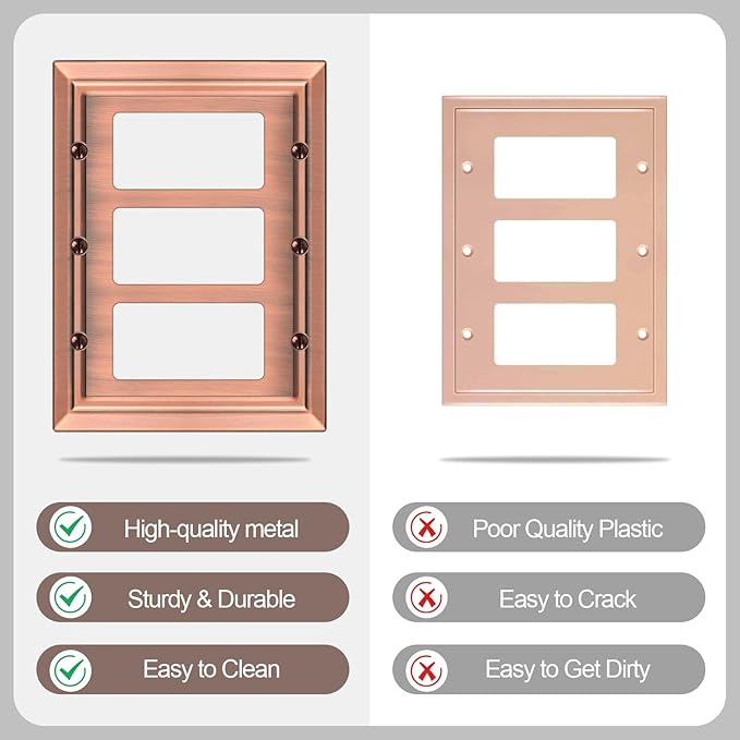 Metal Wall Plate for Electrical Outlets, Decorative Antique Copper Switch Plates Outlet Cover, Light Switch Cover Plate, 3-Gang Wall Plates (Triple Decoretor, 1 Pack)