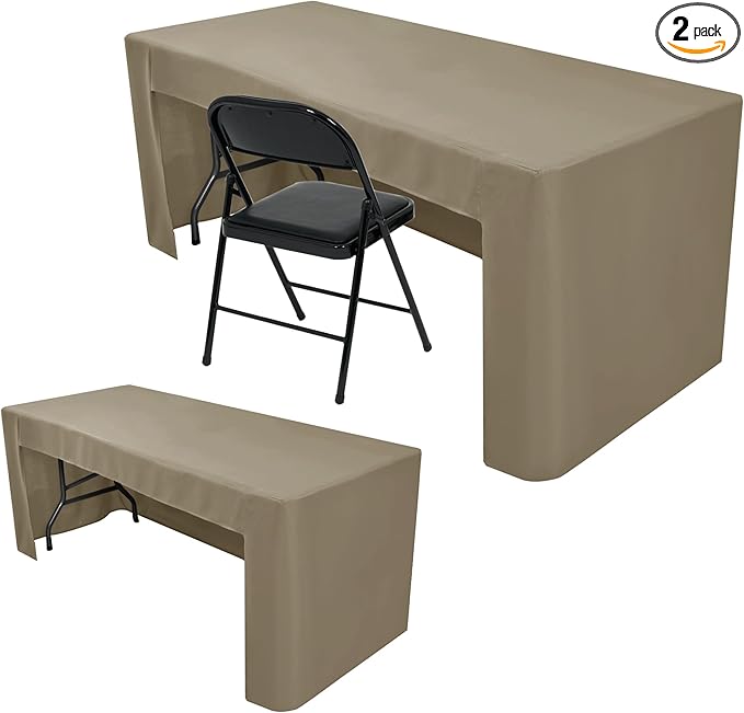 Nasitos 2 Pack Taupe Tablecloth 6 Foot - Open Back Fitted Tablecloth Rectangle Table, Washable Fabric Trade Show Table Cover for Craft Show, Display, Parties, Wedding, Events