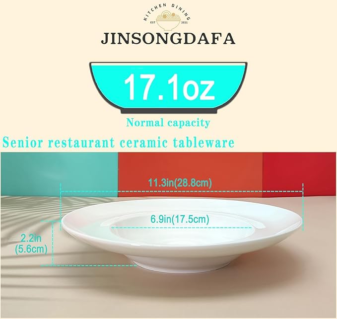 Pasta Plates with Rim 17.1 oz, Soup Bowl Pasta Bowl Set of 4, White Shallow Bowl Plate, Ceramic Wide Rimmed Soup Bowl, Best choice for high-end restaurants, hotels, and foodies, 11.3 Inch