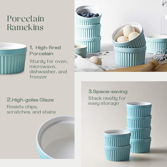 DOWAN 10 oz Porcelain Ramekins - Oven Safe for Creme Brulee & Souffle, Classic Style Baking Bowls, Set of 6, Blue