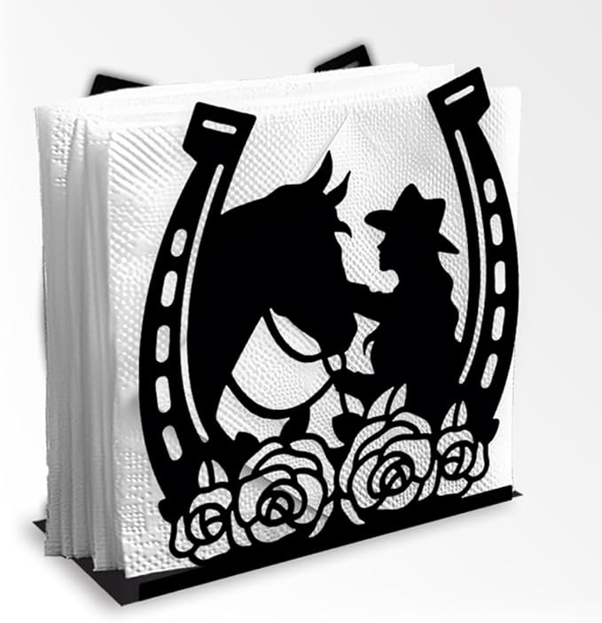 Cowgirl Horse Decorative Black Metal Napkin Holder for Table, 4.9" x 5.3" x 2" Flower Horseshoe Standing Napkin Holder for Home Kitchen Restaurant Picnic Party Coffee Bar Dining Room