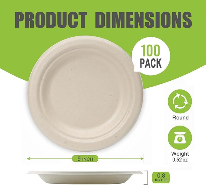 Disposable Plates 100% Compostable Heavy Duty - 9 Inch paper plates bulk for Party, Dinner, Cake, Dessert, Snacks Eco-Friendly Brown