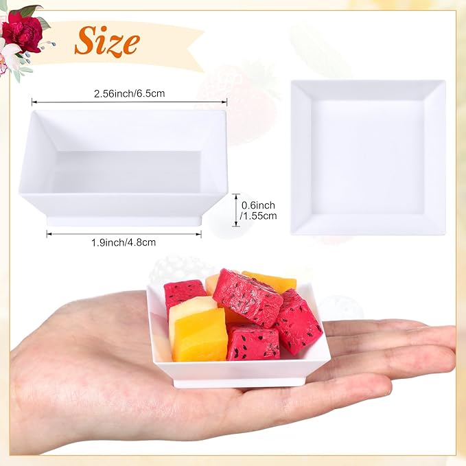 200 Pieces Mini Square Dessert Plates 2.5 x 2.5 Inch Disposable Appetizer Plates Small Clear Plastic Dish for Dessert Salad Appetizer Sauces Tastings Cake Wedding Party Serving (White)