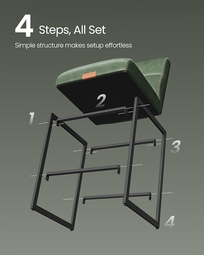 VASAGLE EKHO Collection - Bar Stools Set of 2, Counter Height Stools with Backs, 26.4-Inch Barstools Chairs, Synthetic Leather with Stitching, Mid-Century Modern, Dining Kitchen Island, Forest Green