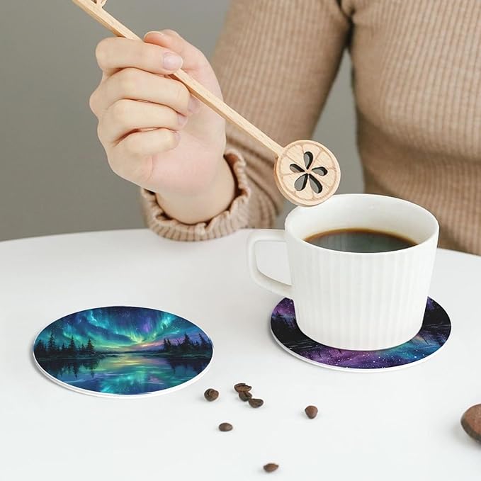 Northern Lights Coasters for Drinks with Holder Round Leather Coasters Set of 6 Cups Mugs Mat Pad for Home Kitchen Bar
