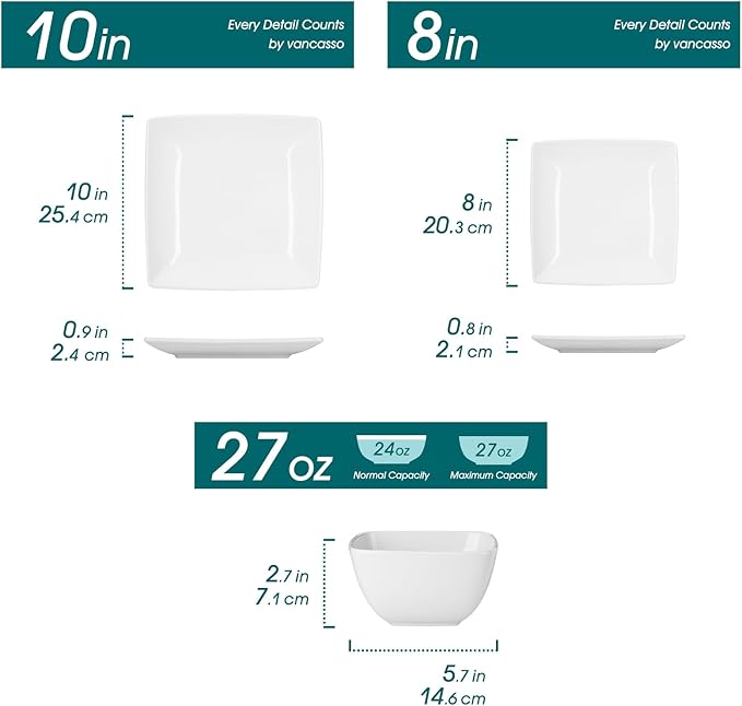 vancasso Soho Dinnerware Sets 12 Pieces, White Stoneware Square Place Setting, Dinner Plate, Dessert Plate, Bowls Service for 4