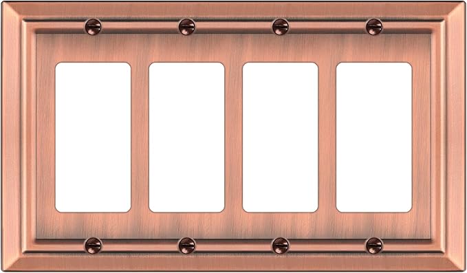 Metal Wall Plate for Electrical Outlets, Decorative Antique Copper Switch Plates Outlet Cover, Light Switch Cover Plate, 4-Gang Wall Plates (Quad Decorator, 1 Pack)