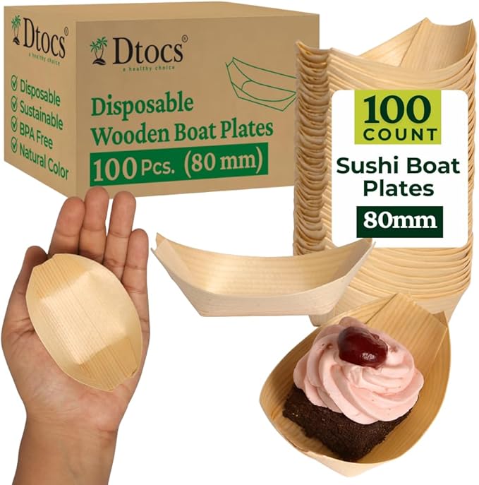 Dtocs Disposable Wooden Boat Plates 100 Pc – 80 mm Biodegradable Wood Serving Boats | Eco-Friendly Food Boats for Sushi, Desserts, Dips, Sauces | Alternate to Plastic, Bamboo, Paper Plates