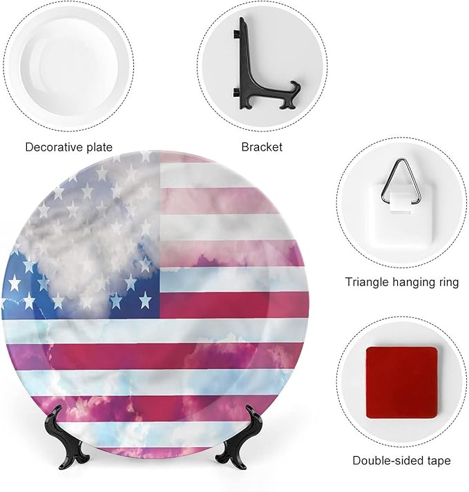 Ceramic Plates, American Flag Decorative Ceramic Plates, Flag Clouds Memorial, 10 Inch, Household Plates Decorative, Multicolor