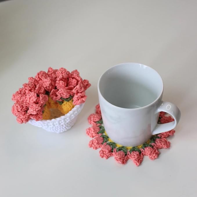 Cute Coasters Set of 4,Funny Pink Flower Coasters,Crochet Plant Pot Coaster Set for Drinks with Flowerpot Holder,Fun Soft Decorative Coasters Housewarming for New Home Bar Desk