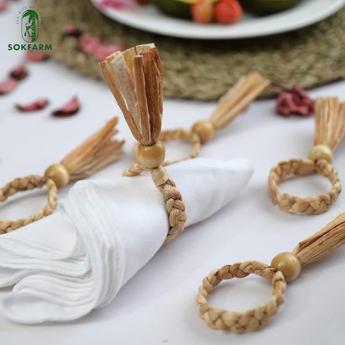 12 Pcs Bead Woven Napkin Rings, Water Hyacinth Easter Napkin Rings Set of 12, Anillos para Servilletas De Tela, Boho Napkins Holder for Elegant Table Decoration, Christmas Table Decor, Wedding Decor