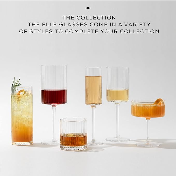 JoyJolt Elle 16oz Fluted Highball Glasses Set of 2, Ribbed Tall Cocktail Tumblers for Gin Juice Water, Vintage Style Drinking Glasses