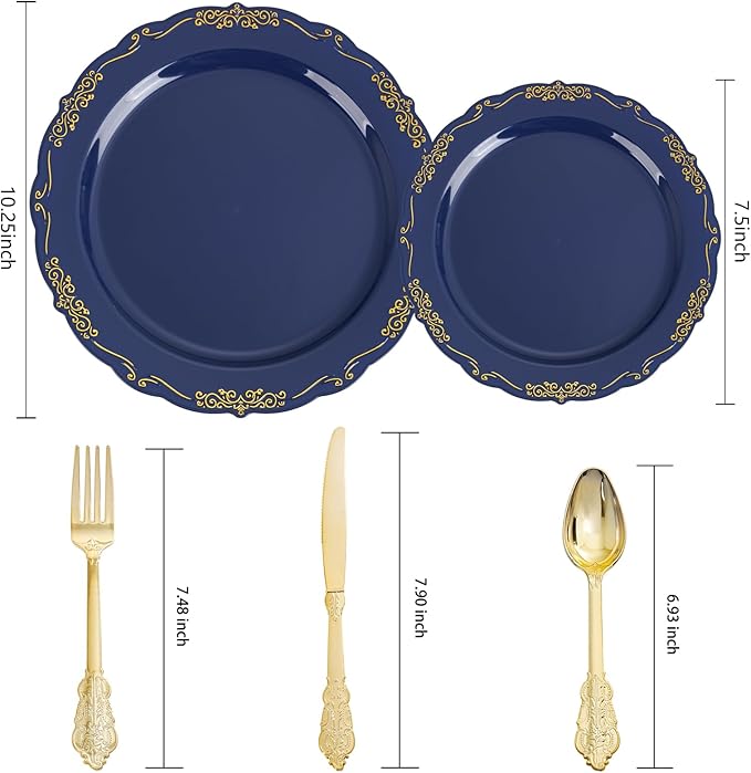 DaYammi 150Pcs Blue Plastic Plates Heavy Duty Navy Blue Disposable Plates with Gold Plastic Silverware include 30 Dinner Plate,30 Dessert Plate,90 Gold Silverware Set,blue plates for Party Dinner