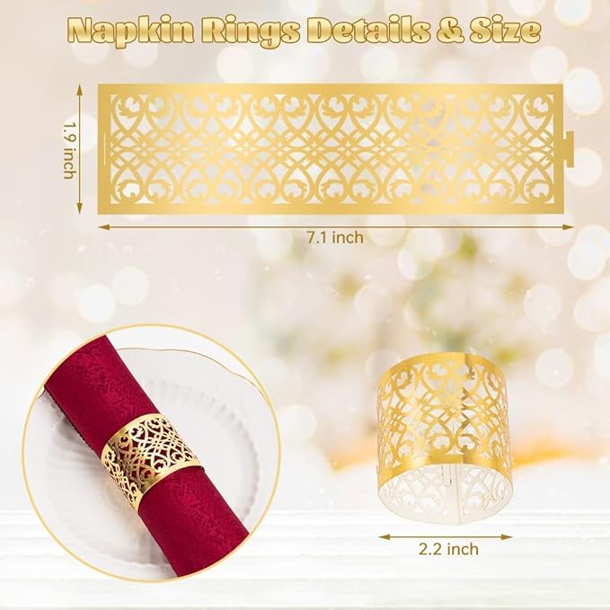 150PCS Premium Napkin Rings Laser Cut Foil Paper Napkin Holder for Wedding Party Dinner Table Decor,Special Events and Catering Services (Gold)