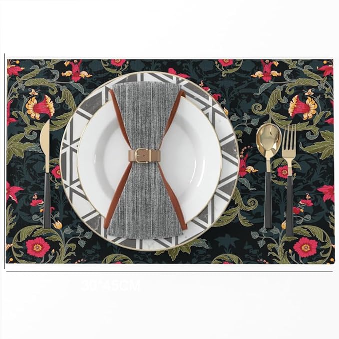 12"x18" Black Navy Red Flowers Damask Leaf Vintage Placemats Set of 4 Washable Thick Place Mats Kitchen Table Mats Decorative Linen Fabric Table Mat for Dining Table Kitchen Home Decor