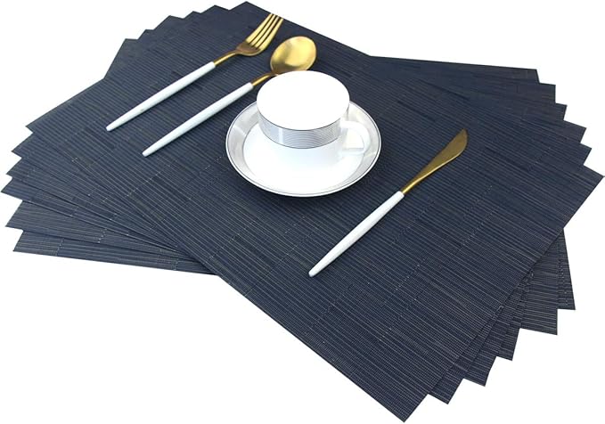 Placemats for Dining Table Woven Vinyl Place Mats Wipe Off Plastic Placemats Stain Resistant Table Mats Set of 6 （Bamboo Navy）