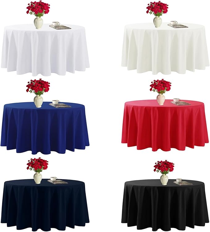 Fokitut 6 Pack Round Tablecloth, 108 Inch, Stain Resistant and Wrinkle Polyester Table Cloth, Fabric Table Cover for Kitchen Dining, Wedding, Party, Holiday Dinner-Black