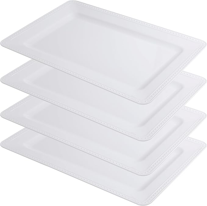 Melamine Beaded Serving Platters for Appetizer, Veggie, Charcuterie,Dessert, Set of 4, White Serving Trays for Party & Entertaining, Large Unbreakable Rectangular Party Platters, Dishes