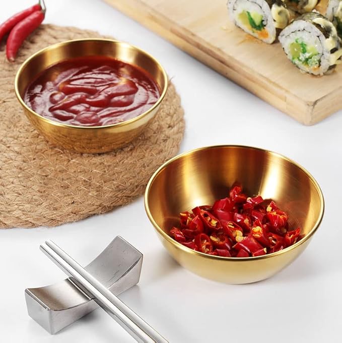 Sauce Dishes 12PCS 3.46inch Stainless Steel Sauce Bowl Mini Individual Round Seasoning Dishes Sushi Dipping Bowl Appetizer Plates (Gold)