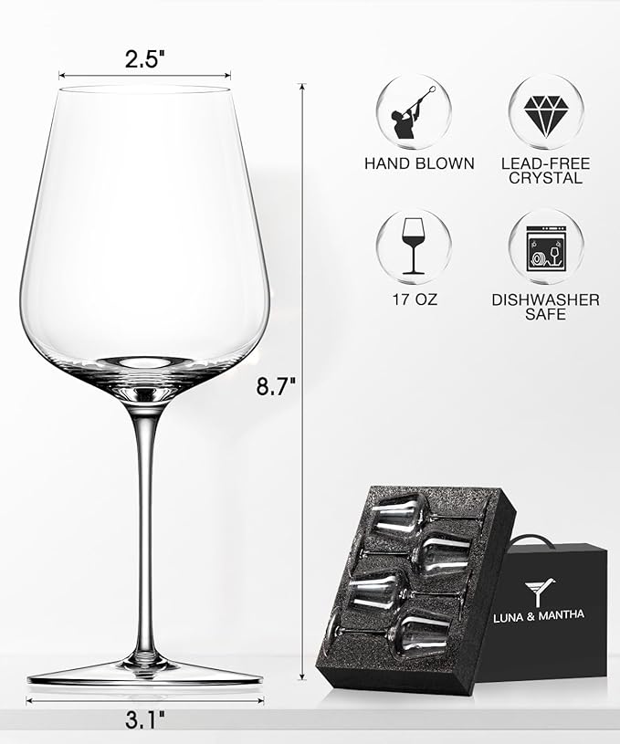 LUNA & MANTHA Red Wine Glasses Set of 4, Crystal Wine Glasses with Stem, Hand Blown 17oz, Perfect for Red White Gift Packaging for Daily Use, Father's Day, Wedding, Birthday