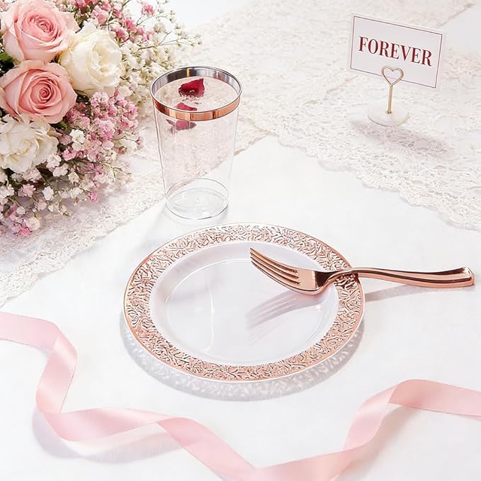 WDF 200 Pieces Rose Gold Dessert Plates with Forks, 100Pcs Lace Design Cake Small Rose Gold Appetizer Plates 7.5" and 100 Pcs Forks 7.4" for Wedding/Party