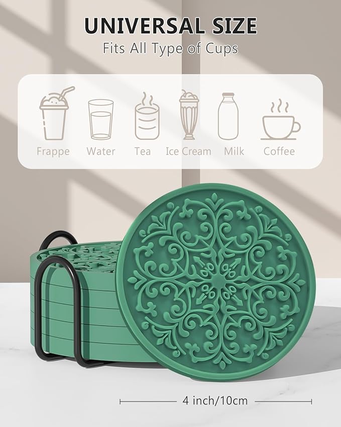 Drink Coasters, Coasters Set of 6 for Cup with Holder, Non-Slip Silicone Cup Mats for Hot and Cold Drinks, Cute Absorbent Coffee Bar Accessories Table Decor, Green