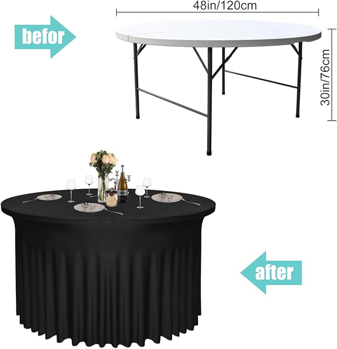 2 Pack 48" Diameter x 30" Height Black Table Skirt | Fits 4FT Round Tables |Polyester Spandex Round Table Cloths with Skirt|Stain 、Wrinkle Resistant、 for Wedding,Party,Dining,Banquet