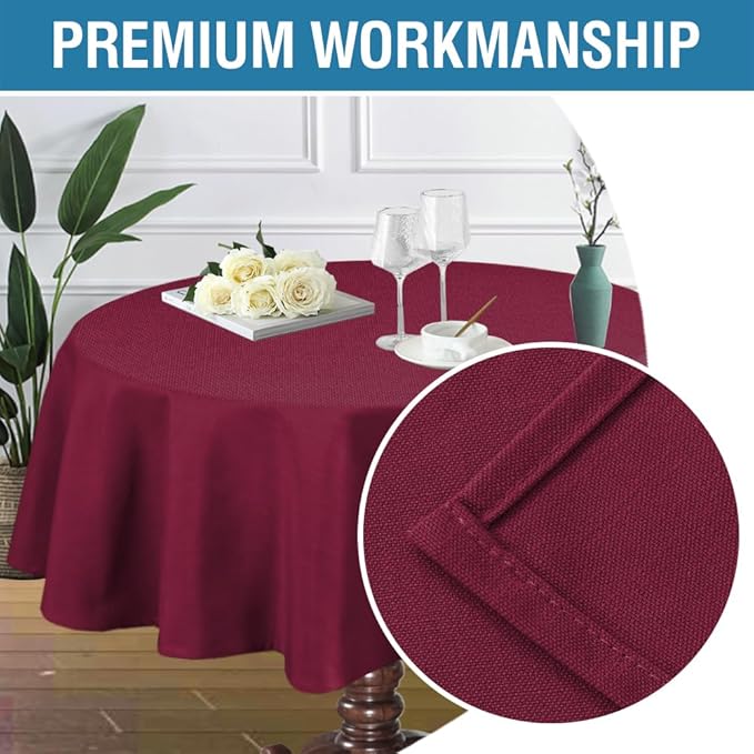 H.VERSAILTEX Linen Textured Table Cloths Round 70 Inch Premium Solid Tablecloth Spill-Proof Waterproof Table Cover for Dining Buffet Feature Extra Soft and Thick Fabric Wrinkle Free, Christmas Red