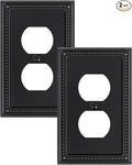 2-Pack Duplex Outlet Cover, Black Metal Wall Plates for Electrical Outlets, 1 Gang Receptacle Light Switch Cover, Pearls Beaded Decorative Switch Plates and Outlet Covers